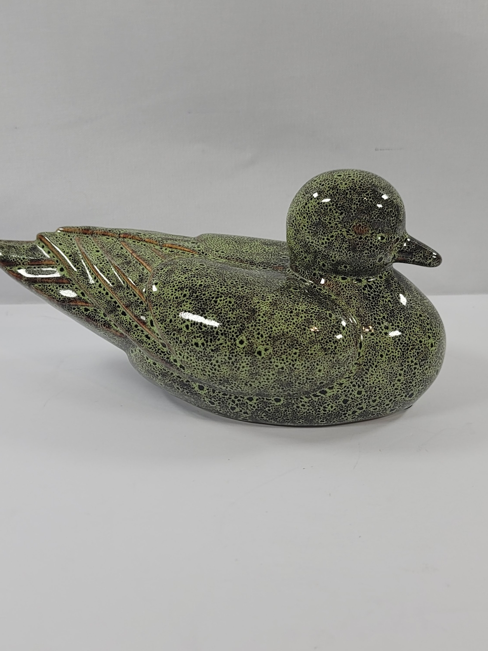 Glazed Ceramic Duck Figurine in Speckled Green - Picture 1 of 9